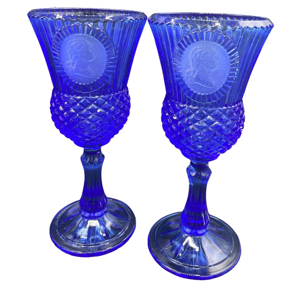 set 4 VTG Cobalt Blue Fostoria Cameo George/Martha Washington Wine Goblets - Picture 3 of 10